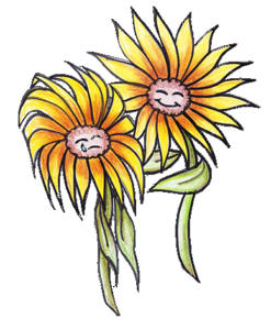 Eine Sonnenblume legt einer anderen, weinenden Sonnenblume tröstend ein Blatt, als Hand auf die Schulter.