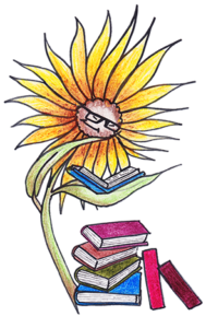 Sonnenblume mit Brille, die in Büchern wälzt